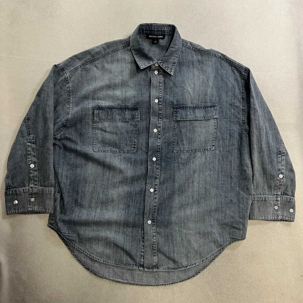 Michael Kors Oversized Denim Shirt Womens Small Washed Blue 3/4 Sleeve Button Up